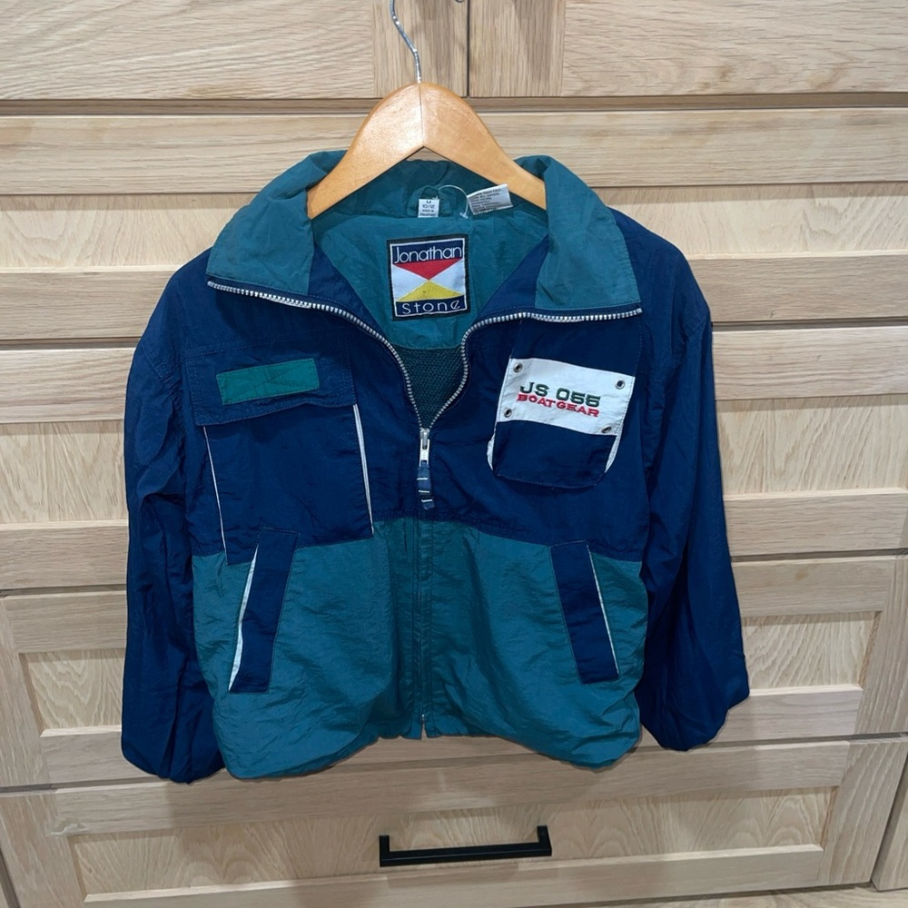 Sporty Blue and Green Puffer Jacket with Stand-Up Collar